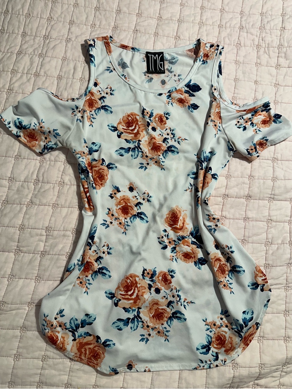 TMG Cold-Shoulder Floral Top in Light Blue with Rust Roses